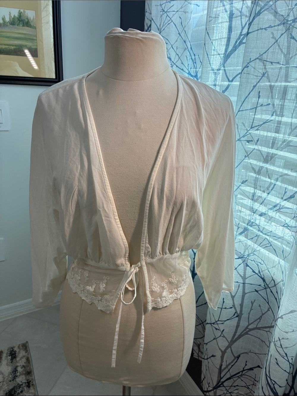 Rebellion Again Cream Lace-Trim Tie-Front Robe Jacket